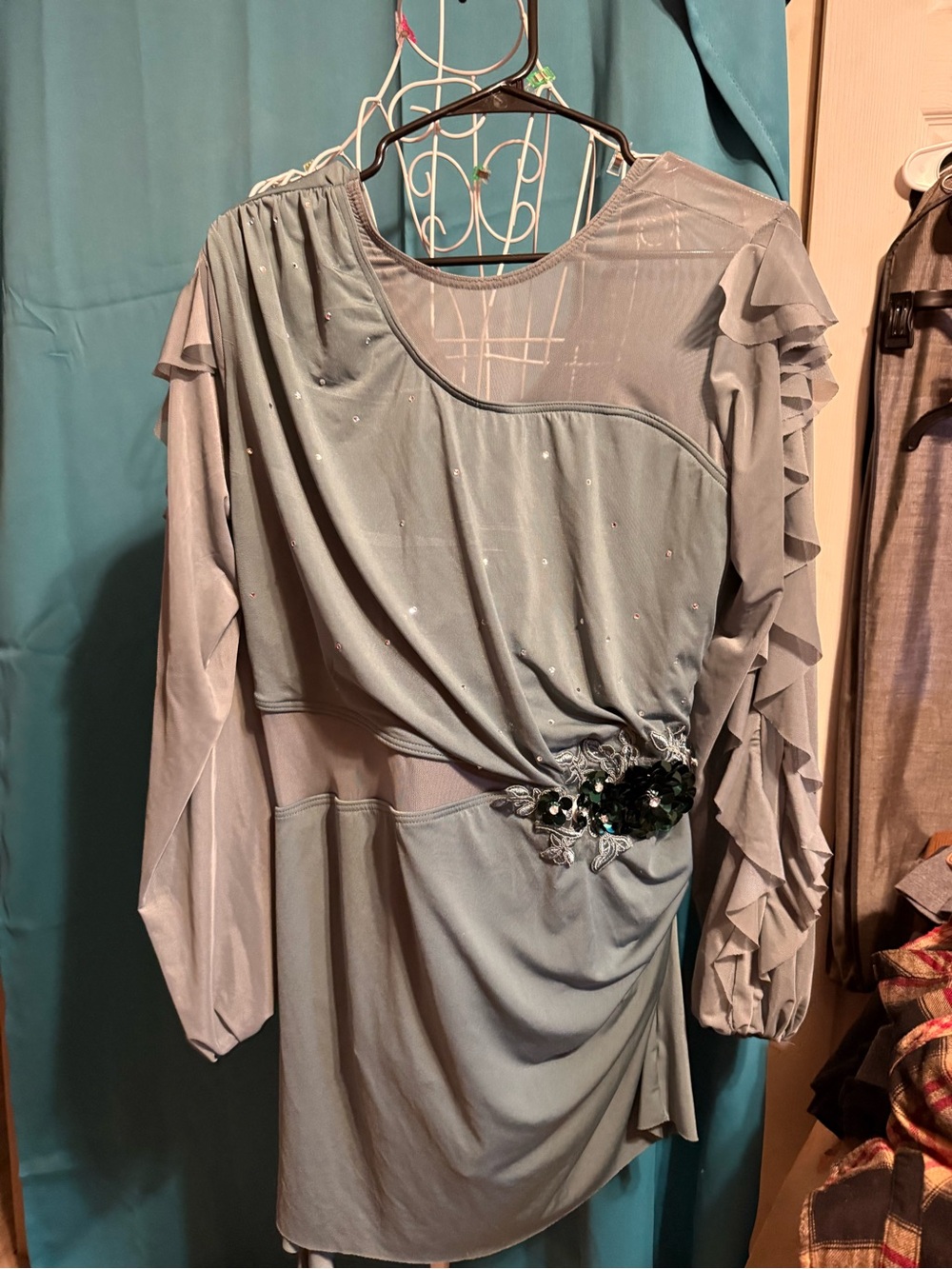 Weissman Sage Green Ruffle-Sleeve Draped Dress with Embellishment